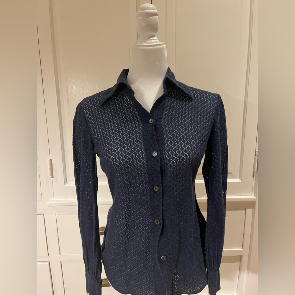 Trina Turk Navy Blue Lace Button-Down Long Sleeve Size S